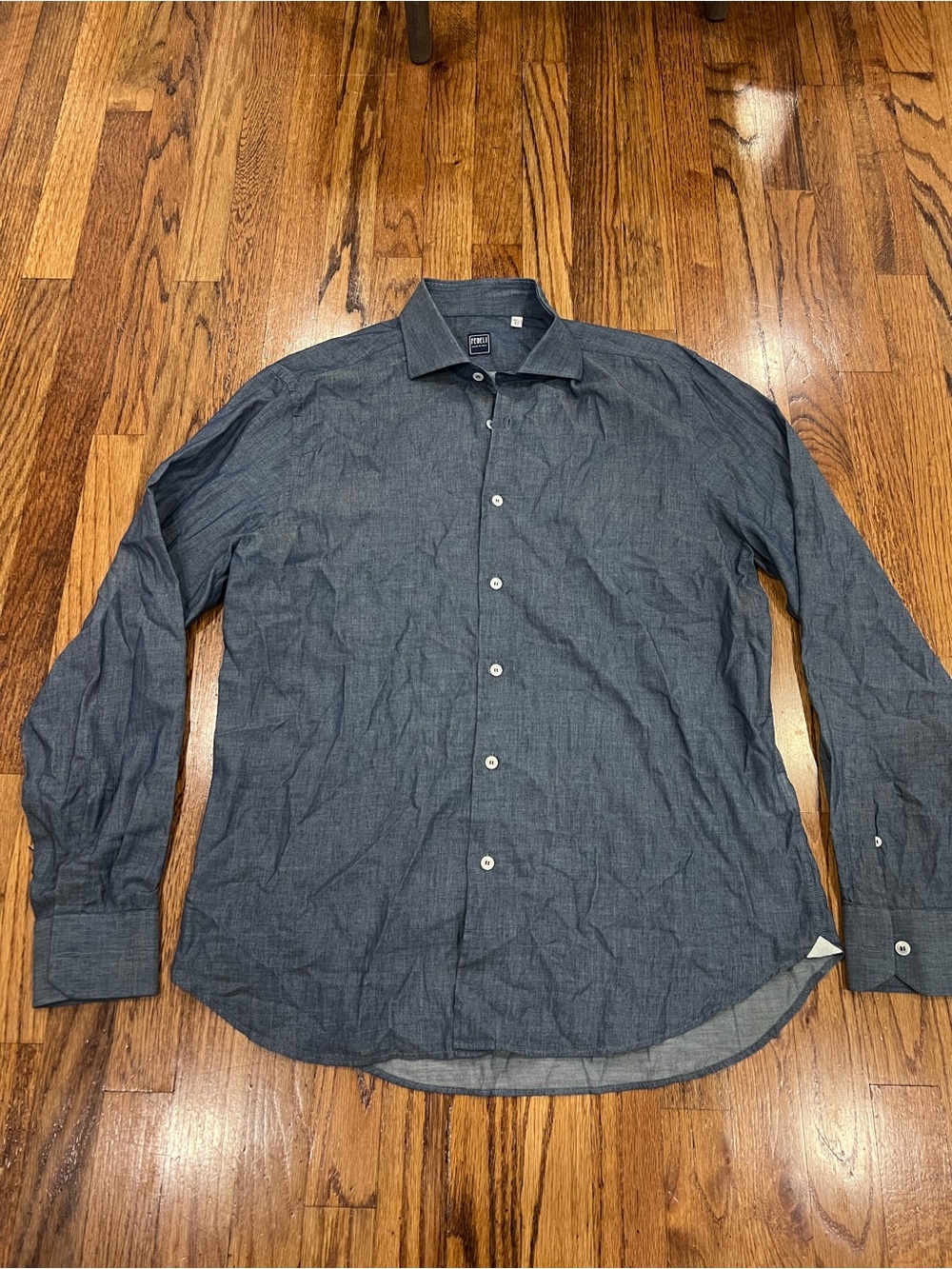 Fedeli Men’s Dress Shirt Regular Fit Made in Italy Cotton Blue Size 16.5/42
